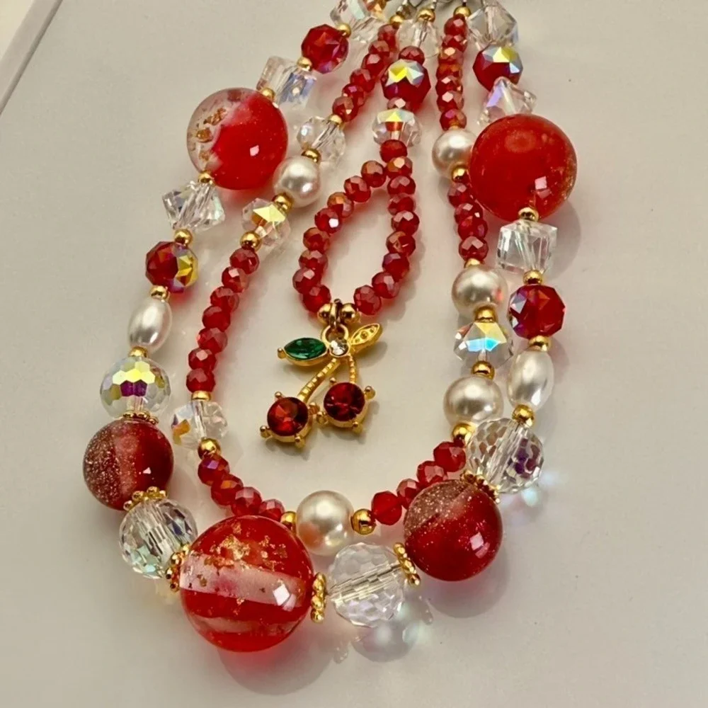 Red Cherry Phone Wristlet Strap Beaded Crystal Pearl Coquette Bag Charm Keychain